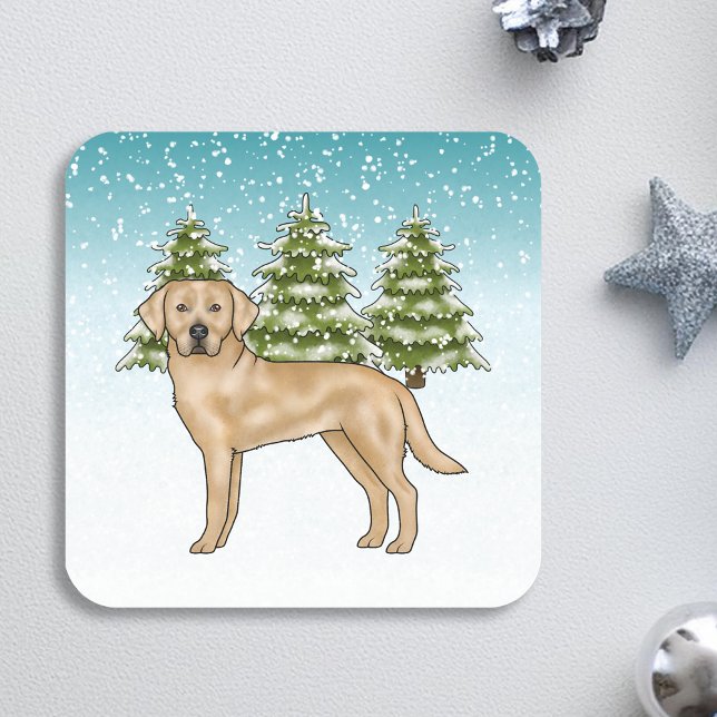 Sticker Carré Jaune Labrador Retriever Blue Snowy Winter Forest (Créateur téléchargé)