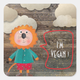 STICKER CARRÉ JE SUIS VÉGÉTARIEN VÉGÉTARIEN LION ROUSTIQUE DOUX