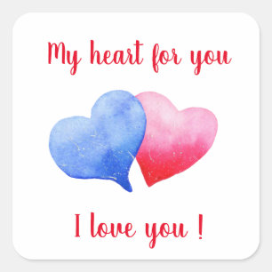 Sticker Carré Je t'aime aquarelle rouge et bleu cœur   