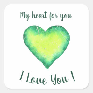 Sticker Carré Je t'aime mignon Coeur Vert et Bleu Anniversaire