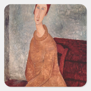 Sticker Carré Jeanne Hebuterne dans un pullover jaune, 1918-19