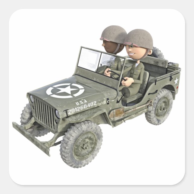 Sticker Carré Jeep avec 2 soldats en bande dessinée (Devant)