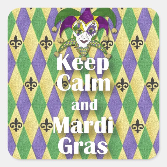 Sticker Carré Jester Mask Keep Calm and Mardi Gras (Devant)
