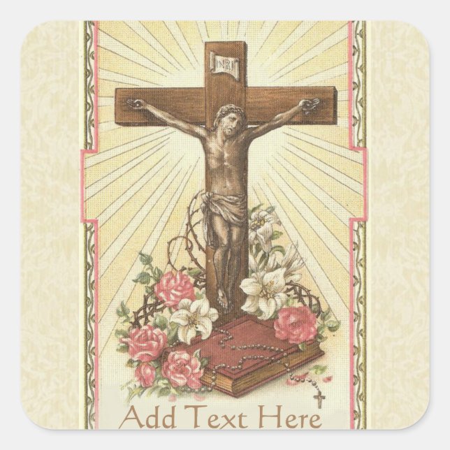 Sticker Carré Jésus catholique sur le crucifix Floral (Devant)