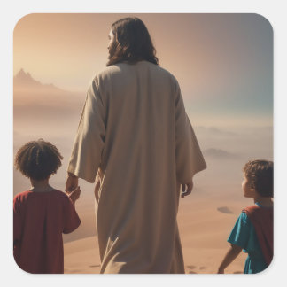 Sticker Carré Jésus Christ avec les enfants