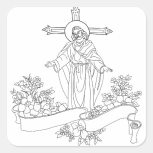 Sticker Carré jésus Christ défiler et fleurs page de couleur art