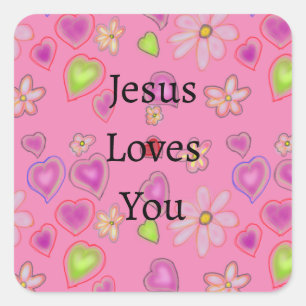 Sticker Carré Jesus Vous Aime Coeurs Rose 