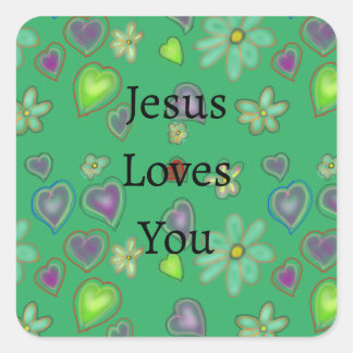 Sticker Carré Jésus Vous Aime Les Coeurs Vert Violet