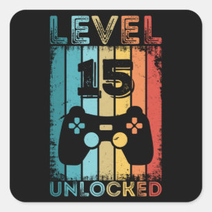 Sticker Carré Jeu de niveau 15 Déverrouillé 15e Gamer Cadeaux 
