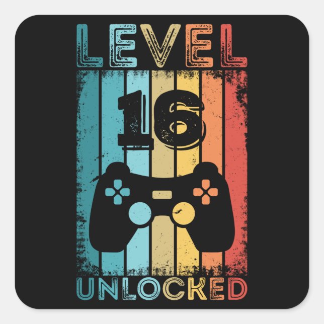 Sticker Carré Jeu niveau 16 déverrouillé 16e anniversaire Gift G (Devant)