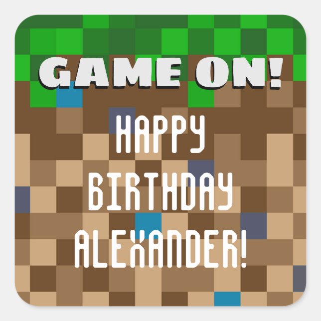 Sticker Carré Jeu Sur Pixeleleled Bloc D'Herbe Jeu Anniversaire (Devant)