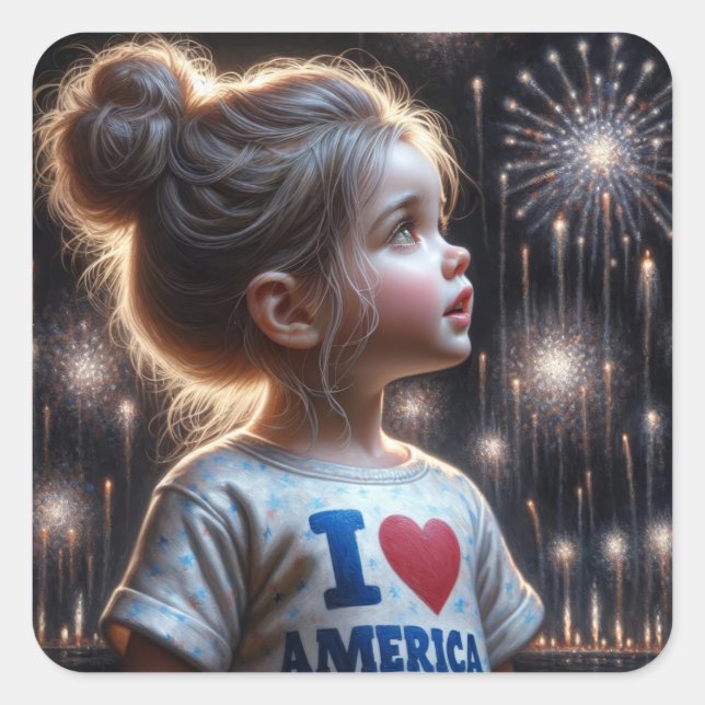Sticker Carré Jeune Américaine observant les feux d'artifice (Devant)