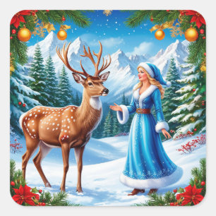 Sticker Carré Jeune Fille de Neige Scène hivernale enchantée