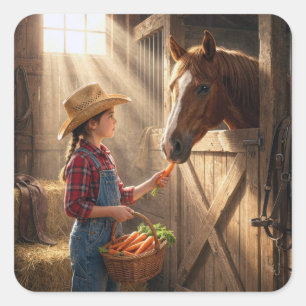 Sticker Carré Jeune fille nourrissant un cheval avec des carotte