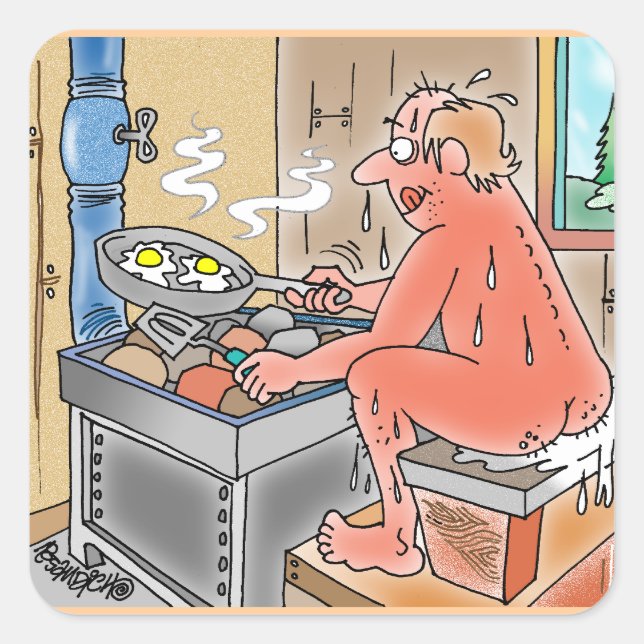 STICKER CARRÉ JEUNE FRIGO OEUFS SUR UNE BOUTEILLE DE SAUNA (Devant)