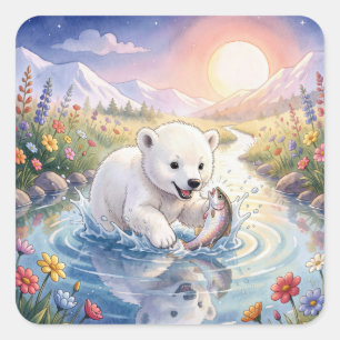 Sticker Carré Jeune ours polaire jouant avec un poisson