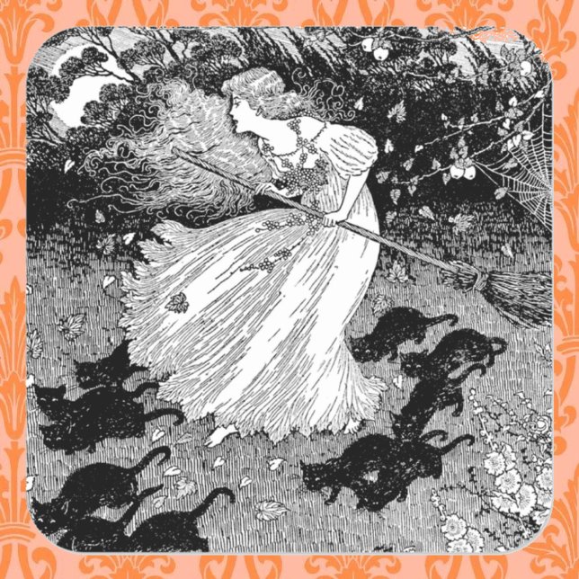 Sticker Carré Jeune sorcière et chats noirs (Créateur téléchargé)