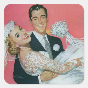 Sticker Carré Jeunes mariés de mariage vintage, mari portant la