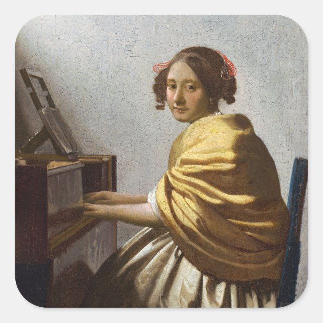 Sticker Carré Johannes Vermeer - Jeune femme assise à Virginal (Devant)