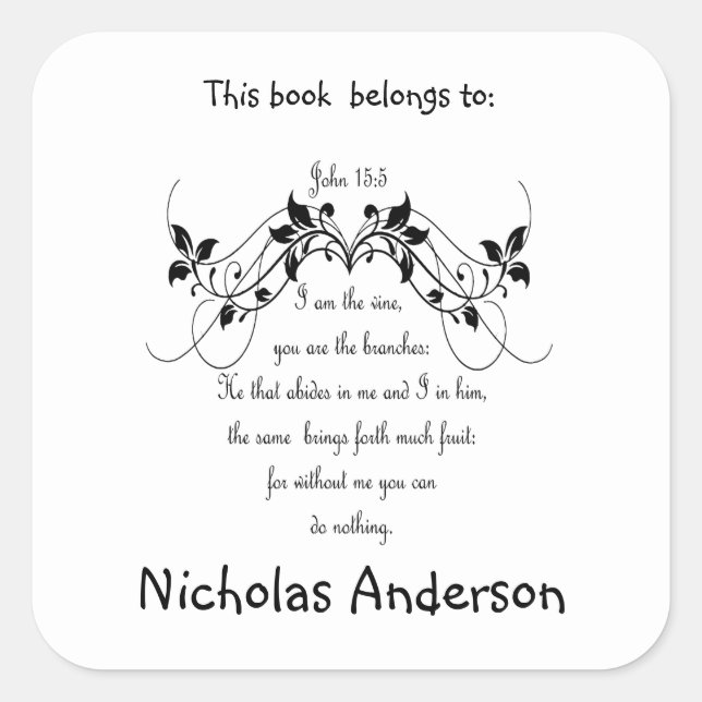 Sticker Carré John 15:5 Bible Scripture Verse Bookplate art (Devant)