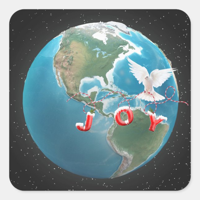 Sticker Carré JOIE DE Noël avec White Dove sur Globe (Devant)