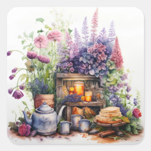 Sticker Carré Joie de thé et de jardinage après-midi
