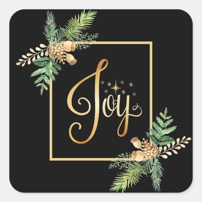 Sticker Carré JOIE" Vacances Pins Floraux Noël (Devant)