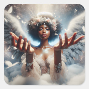 Sticker Carré Joli ange avec de Belles ailes et Fleurs