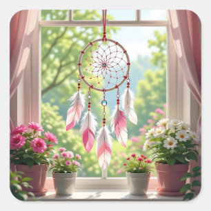Sticker Carré Joli attrape-rêves rose et plantes sur l'appui de