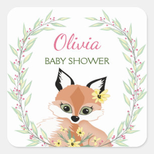 Sticker Carré Joli baby shower de fille Renard rouge