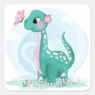 Sticker Carré Joli Baby shower de papillon Dinosaure rose Turquo