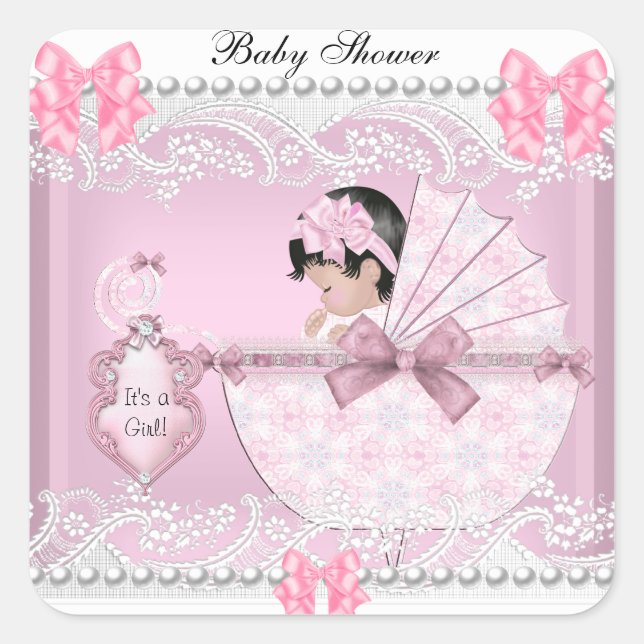 Sticker Carré Joli Baby shower mignon bébé fille rose dentelle (Devant)