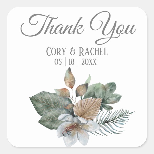 Sticker Carré Joli Boho Bouquet Mariage Merci (Devant)