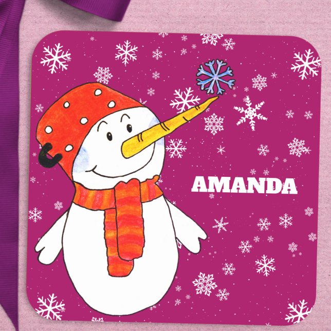 Sticker Carré Joli bonhomme de neige avec flocons de neige Enfan (Créateur téléchargé)