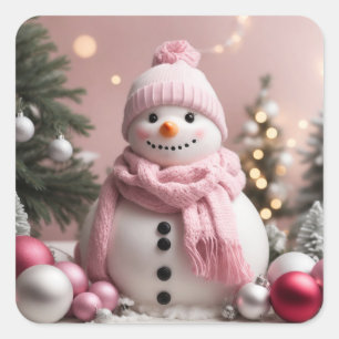 Sticker Carré Joli bonhomme de Noël rose