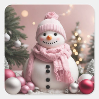 Sticker Carré Joli bonhomme de Noël rose