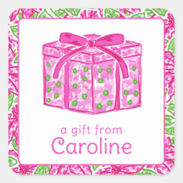 Sticker Carré Joli cadeau de Noël rose et vert présent