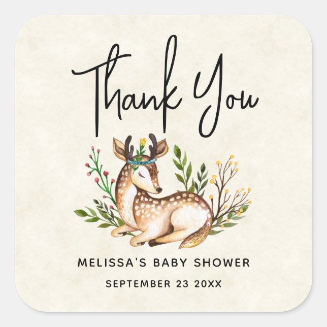 Sticker Carré Joli Cerf Aquarellé Posé En Bas Boho (Devant)