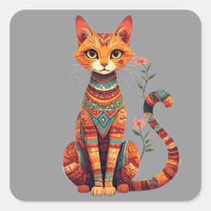 Sticker Carré Joli chat artistique avec branche florale
