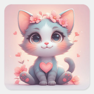 Sticker Carré Joli Chat Avec Fleurs Et Cœurs D'amour Mignon 🌼