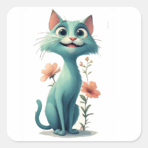 Sticker Carré Joli Chat Avec Fleurs Et Cœurs D'amour Mignon 🌼
