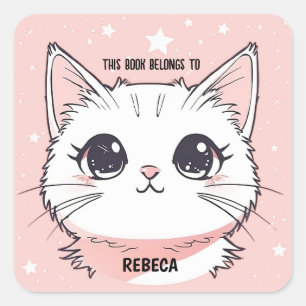 Sticker Carré Joli Chat Blanc Étoiles Roses