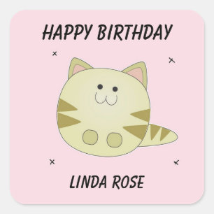 Sticker Carré Joli chat brun motif rose joyeux anniversaire