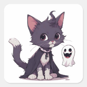 Sticker Carré Joli Chat Noir avec Cape de Halloween Fantôme 👻