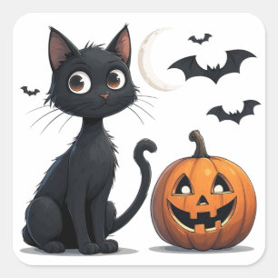 Sticker Carré Joli chat noir avec citrouille Halloween 🎃