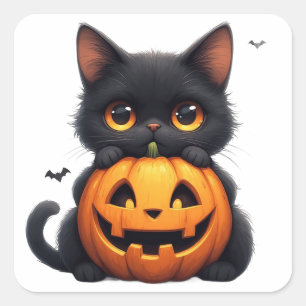 Sticker Carré Joli Chat Noir Avec Citrouille Jack O Lantern