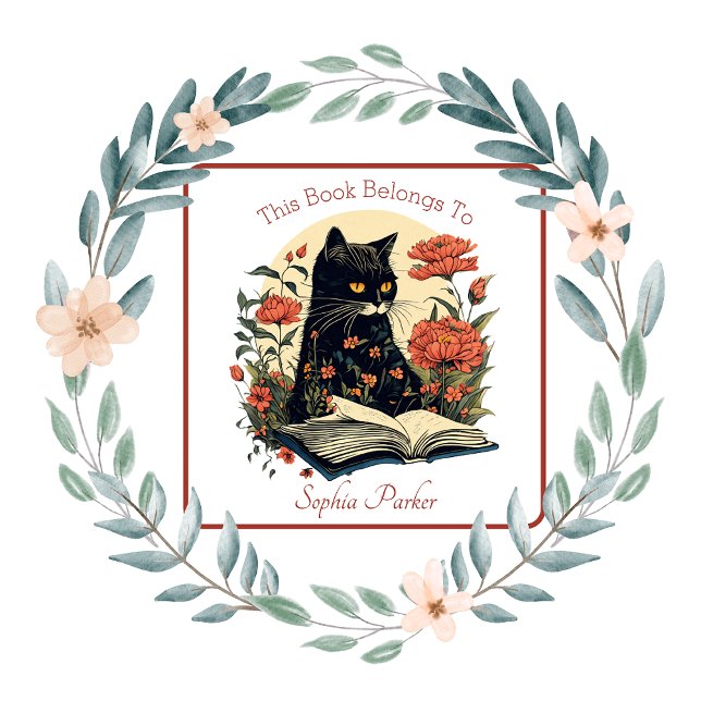 Sticker Carré Joli Chat Noir Avec Livre Plat Floral (Créateur téléchargé)