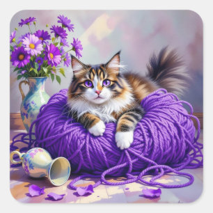 Sticker Carré Joli chaton dans une boule de fil violet