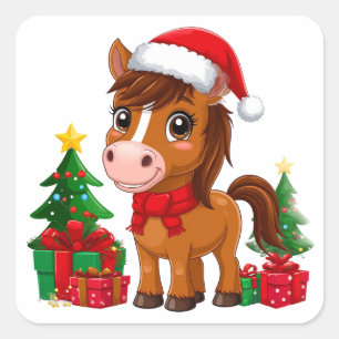 Sticker Carré Joli cheval de Noël avec chapeau de Père Noël