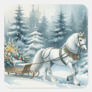 Sticker Carré Joli Cheval d'hiver et un Sleigh de Noël
